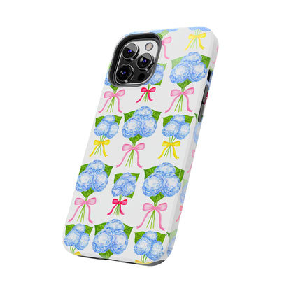 Blue Hydrangeas with Hot Pink, Yellow, Light Pink Bows Watercolor Illustrated Patterned Tough Phone Case | Various Models