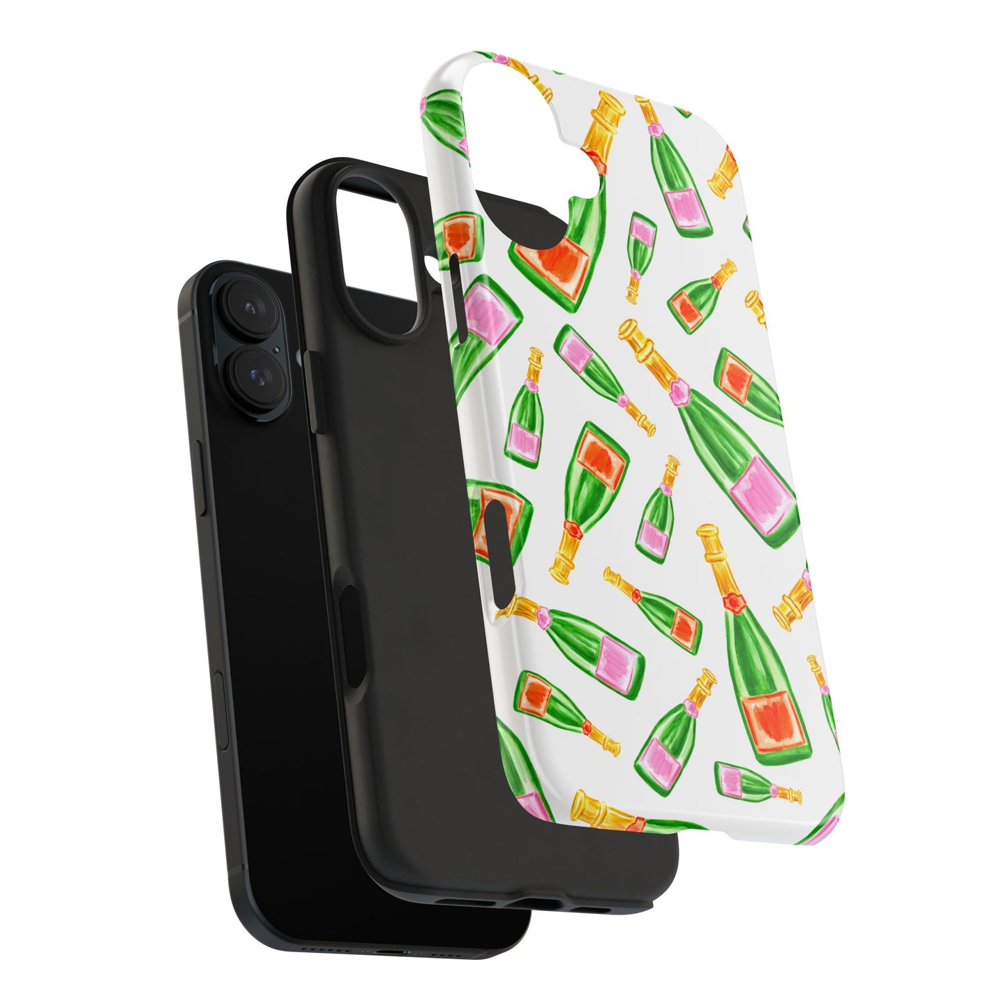 Tossed Pink and Green & Orange and Green Watercolor Illustrated Champagne Bottles Pattern Tough Phone Case | Various Models
