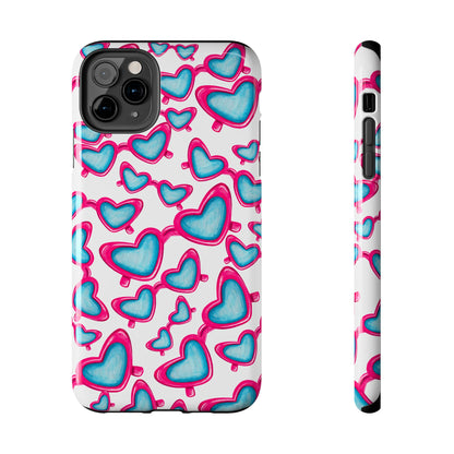 Pink & Blue Heart Shaped Sunglasses Watercolor Illustrated Tossed Pattern Tough Case | Various Models iPhone 11 Pro Max