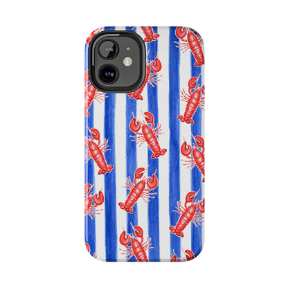Blue & White Strip Red Lobster Watercolor Patterned Phone Case | Various Models