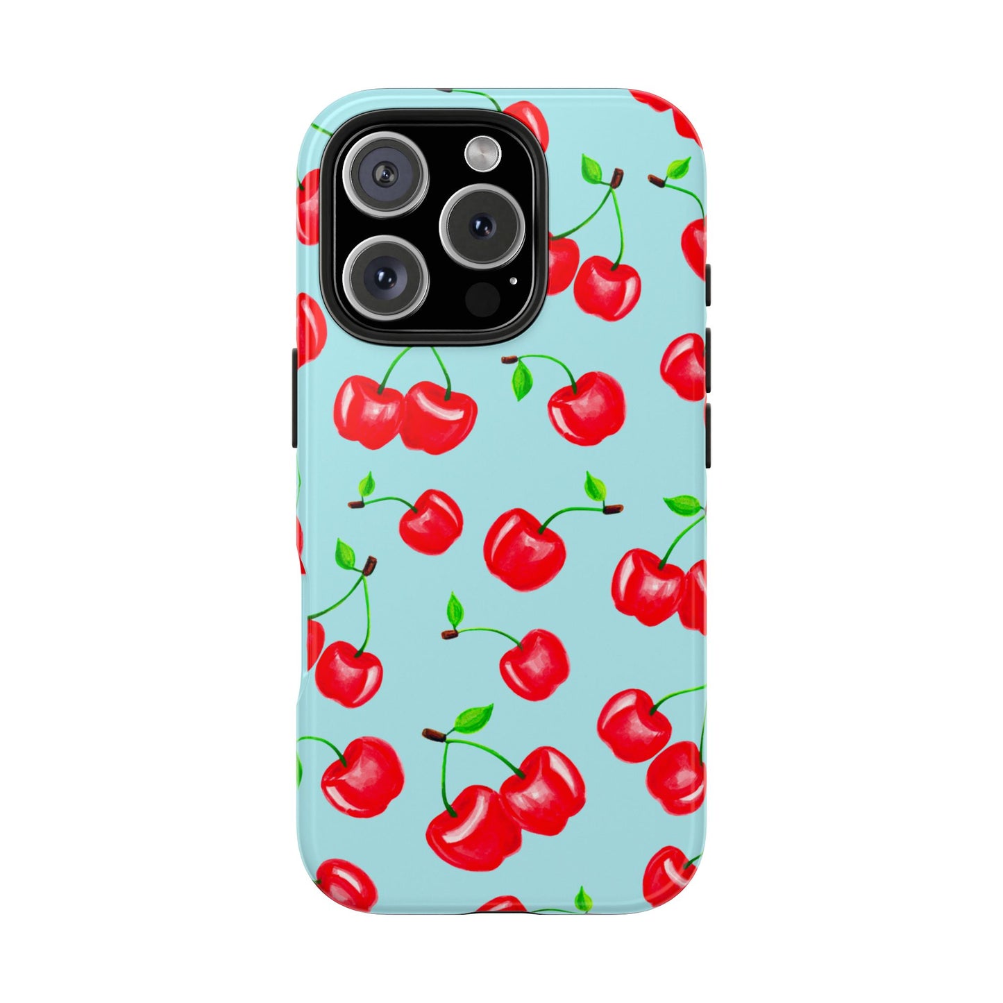 Tossed Red Watercolor Cherries Illustrated Pattern Bright Blue Tough Phone Case | Various Models