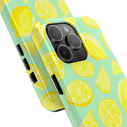 Bright Yellow Lemons Watercolor Illustrated Tossed Pattern Mint Green Tough Phone Case | Various Models