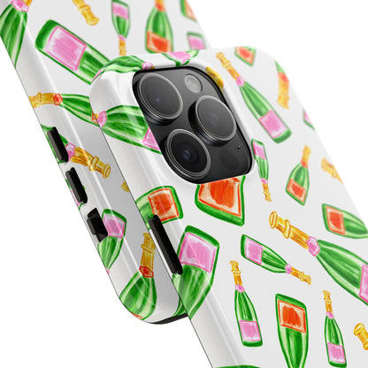 Tossed Pink and Green & Orange and Green Watercolor Illustrated Champagne Bottles Pattern Tough Phone Case | Various Models