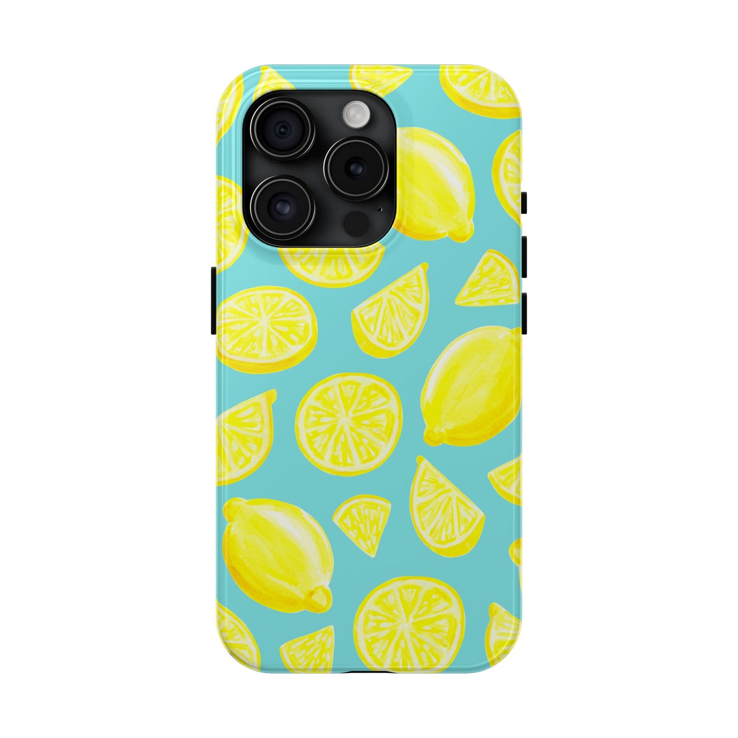 Bright Yellow Lemons Watercolor Illustrated Tossed Pattern Turquoise Blue Tough Phone Case | Various Models