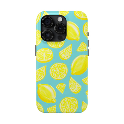 Bright Yellow Lemons Watercolor Illustrated Tossed Pattern Turquoise Blue Tough Phone Case | Various Models
