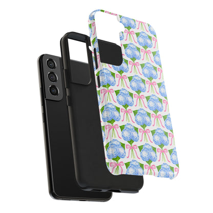 Blue Watercolor Hydrangea Bouqets with Light Pink Bows Watercolor Illustrated Patterned Tough Phone Case | Various Models