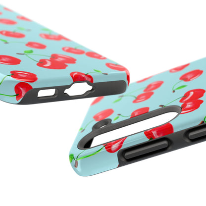 Tossed Red Watercolor Cherries Illustrated Pattern Bright Blue Tough Phone Case | Various Models