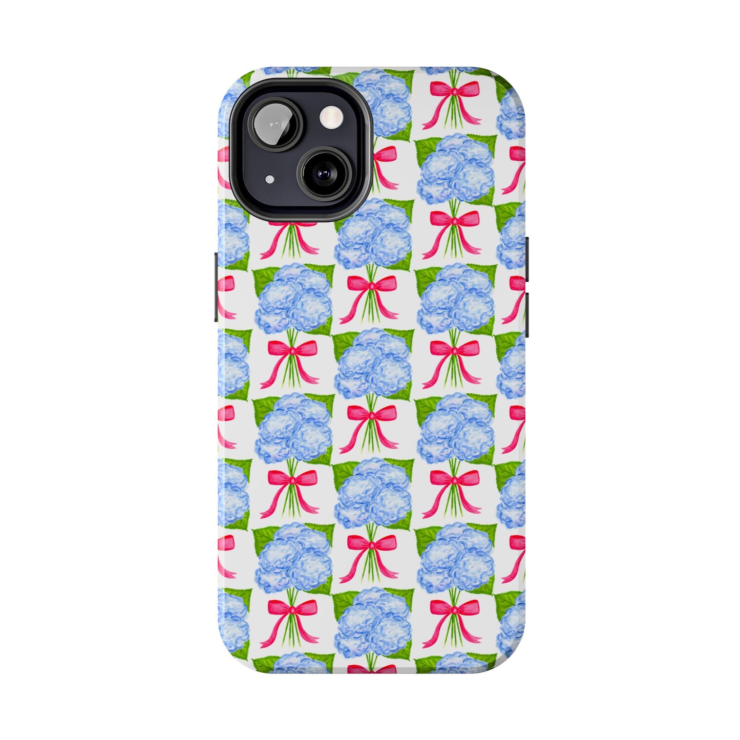 Blue Watercolor Hydrangea Bouquets with Hot Pink Bows Illustrated Patterned Tough Phone Case | Various Models