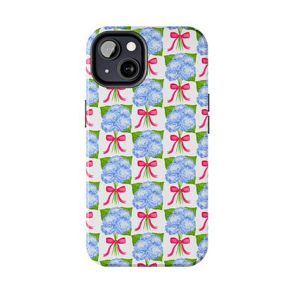 Blue Watercolor Hydrangea Bouquets with Hot Pink Bows Illustrated Patterned Tough Phone Case | Various Models