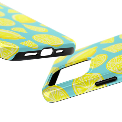 Bright Yellow Lemons Watercolor Illustrated Tossed Pattern Turquoise Blue Tough Phone Case | Various Models
