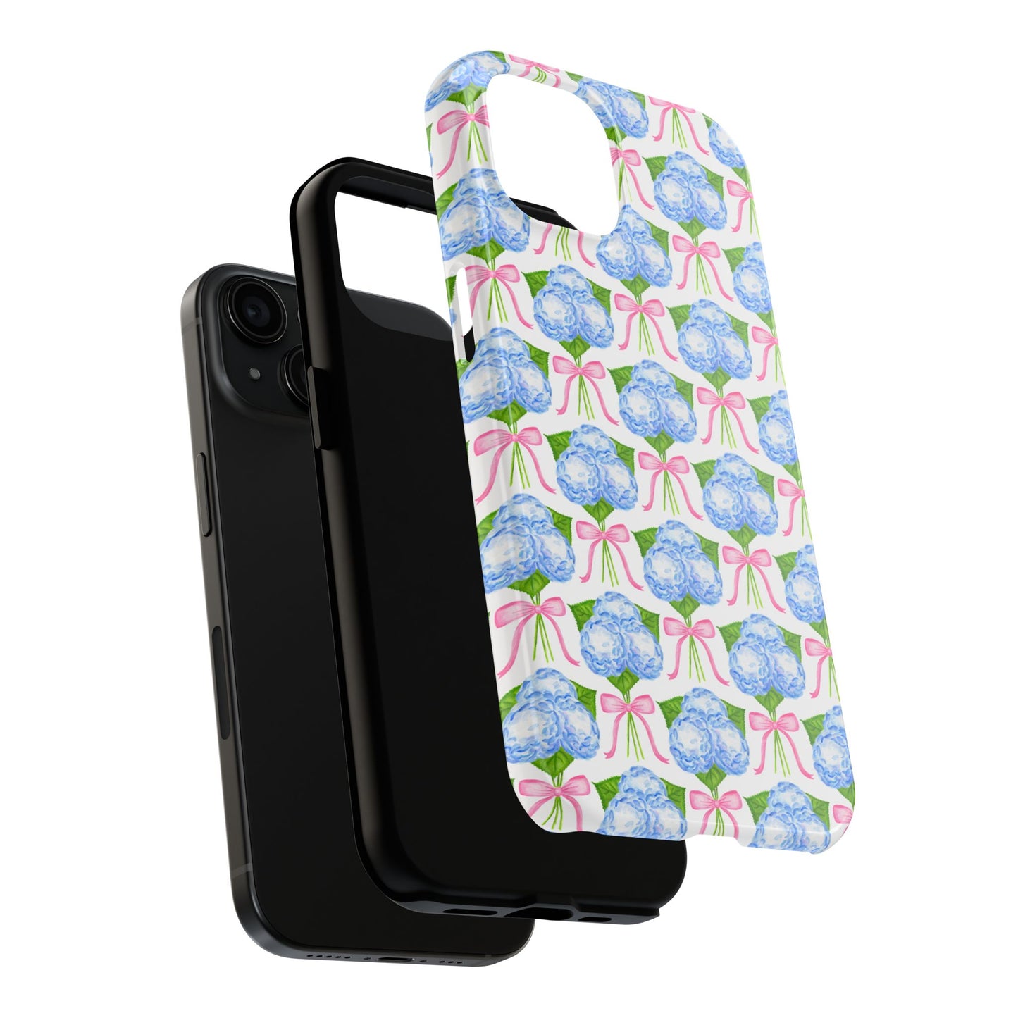 Blue Watercolor Hydrangea Bouqets with Light Pink Bows Watercolor Illustrated Patterned Tough Phone Case | Various Models