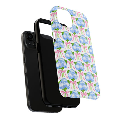 Blue Watercolor Hydrangea Bouqets with Light Pink Bows Watercolor Illustrated Patterned Tough Phone Case | Various Models