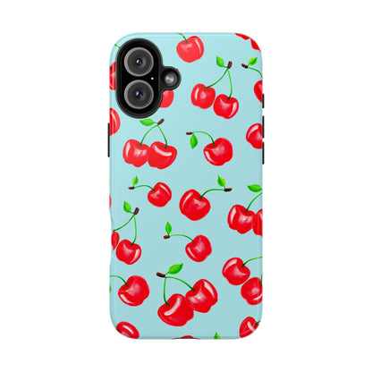 Tossed Red Watercolor Cherries Illustrated Pattern Bright Blue Tough Phone Case | Various Models