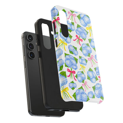 Blue Watercolor Hydrangea Bunches with Hot Pink, Yellow, Light Pink Bows Illustrated Patterned Tough Phone Case | Various Models