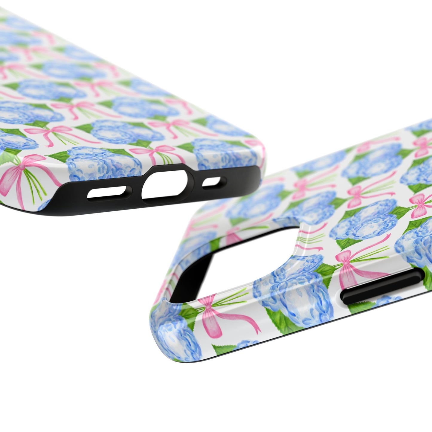 Blue Watercolor Hydrangea Bouqets with Light Pink Bows Watercolor Illustrated Patterned Tough Phone Case | Various Models