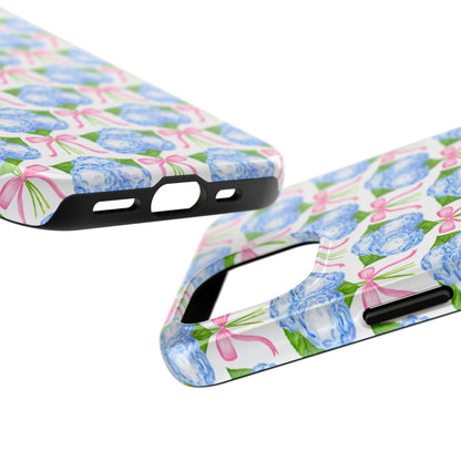 Blue Watercolor Hydrangea Bouqets with Light Pink Bows Watercolor Illustrated Patterned Tough Phone Case | Various Models