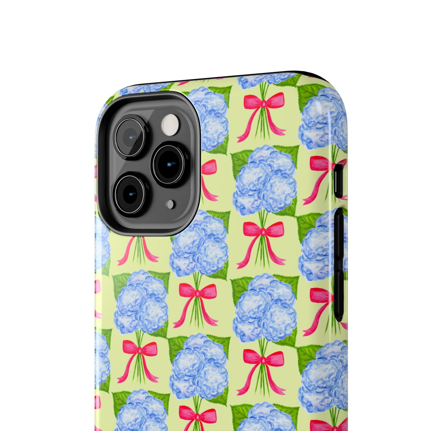 Blue Watercolor Hydrangea Bouquets with Hot Pink Bows Illustrated Patterned Yellow Preppy Grand Millenial Tough Phone Case | Various Models