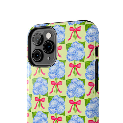 Blue Watercolor Hydrangea Bouquets with Hot Pink Bows Illustrated Patterned Yellow Preppy Grand Millenial Tough Phone Case | Various Models