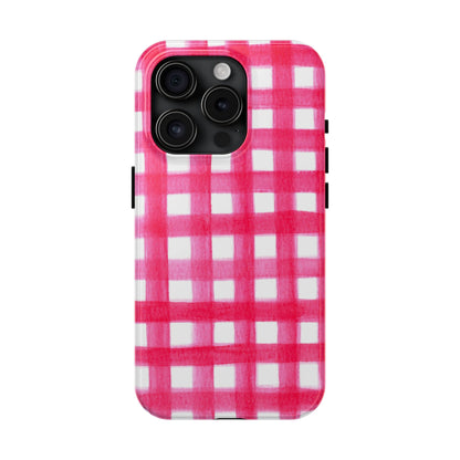 Hot Pink Gingham Watercolor Preppy Tough Phone Case | Various models iPhone 15 Pro