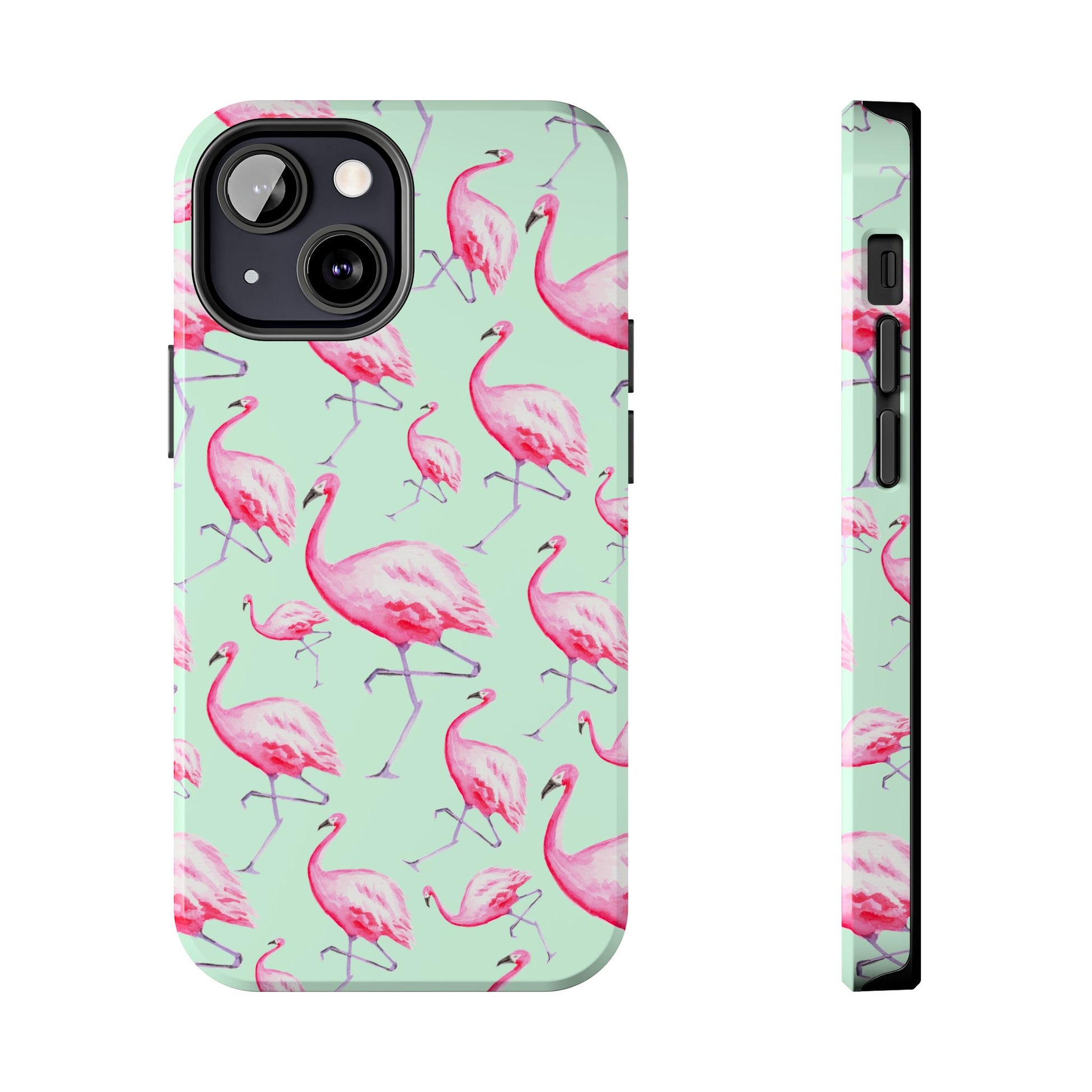 Pink Flamingos Watercolor Illustrated Tossed Pattern Green Phone Case | Various Models iPhone 13 Mini