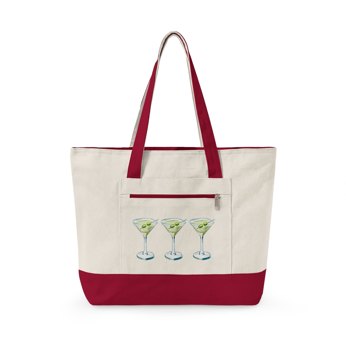 Blue & Green Martini Watercolor Trio Printed Zippered Canvas Tote 18" x 14" | Various Colors 18" x 14" x 4.5" Natural Red