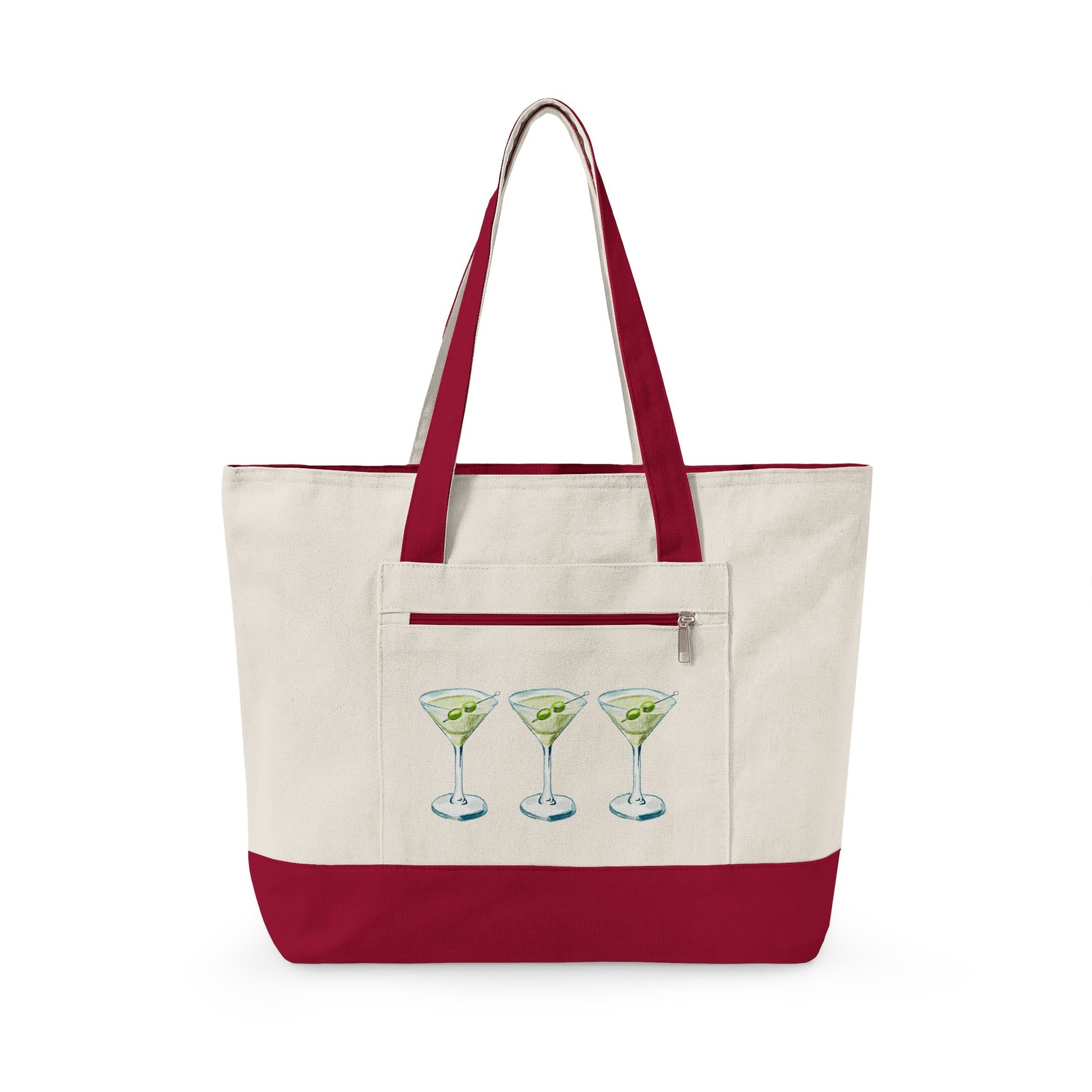 Blue & Green Martini Watercolor Trio Printed Zippered Canvas Tote 18" x 14" | Various Colors 18" x 14" x 4.5" Natural Red