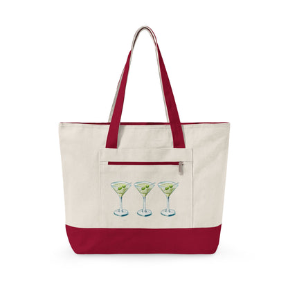 Blue & Green Martini Watercolor Trio Printed Zippered Canvas Tote 18" x 14" | Various Colors 18" x 14" x 4.5" Natural Red