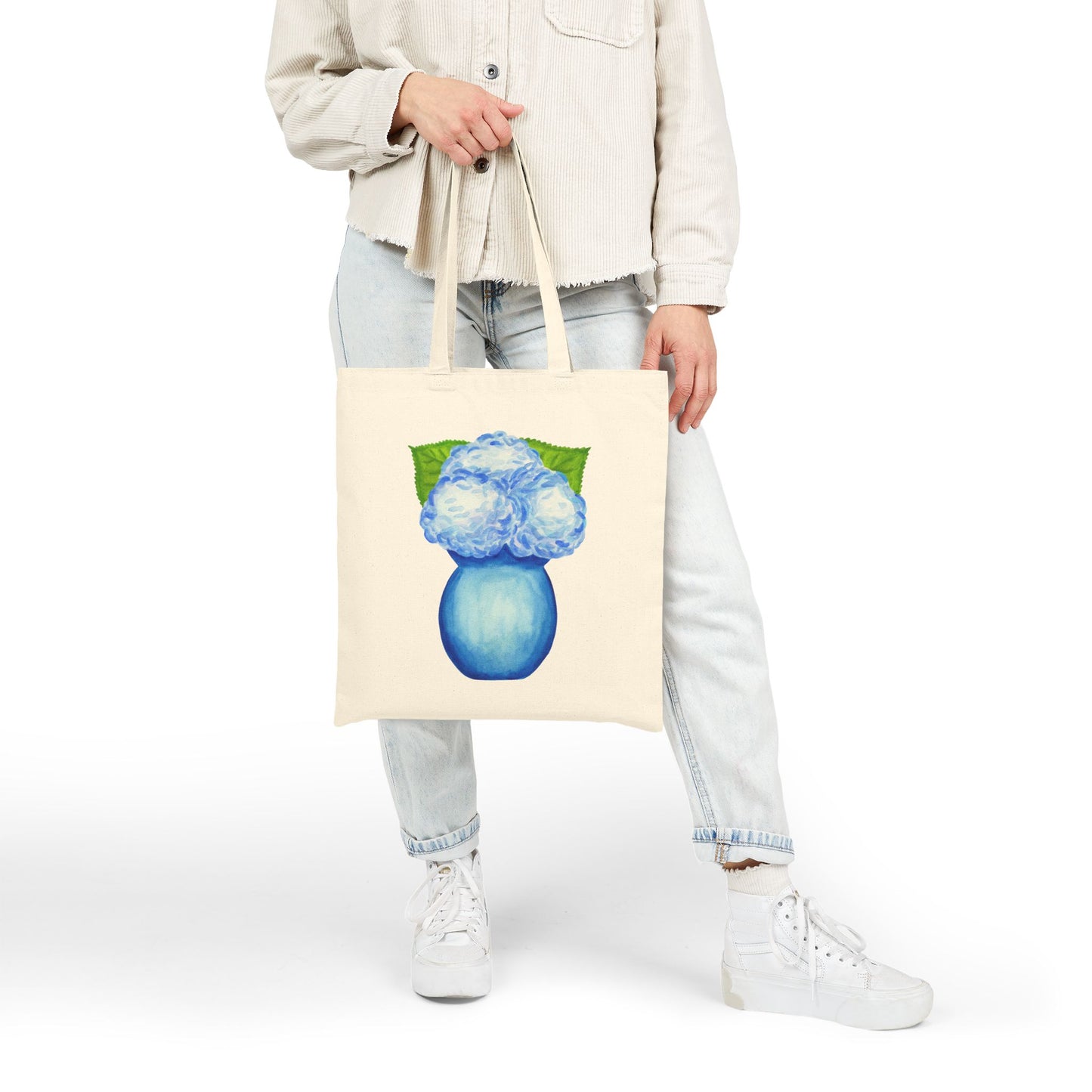 Canvas Book Tote | Blue Hydrangeas in a Blue Vase Watercolor Printed Farmers Market Tote | Preppy Coastal Gift Hostess