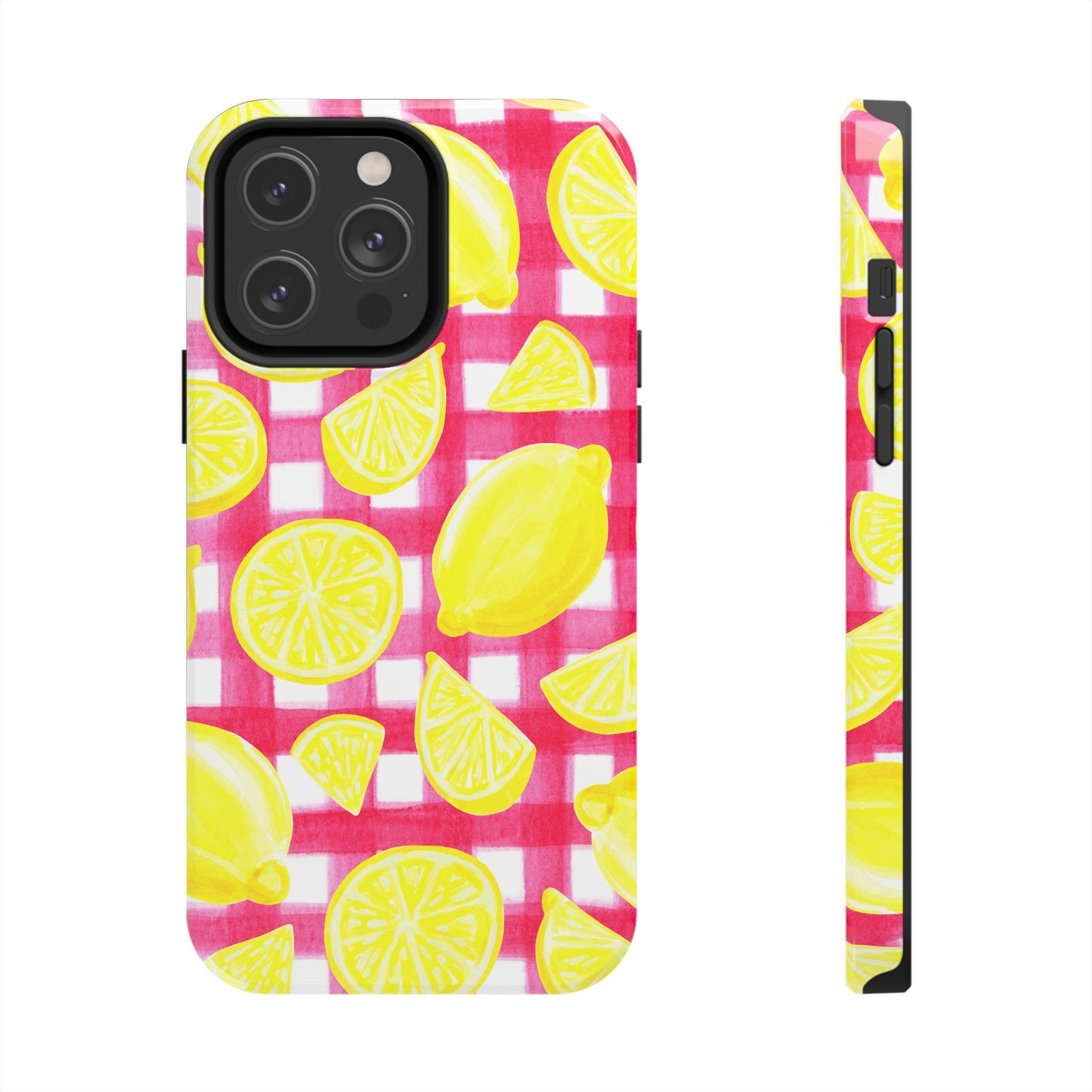 Yellow Lemons & Hot Pink Gingham Watercolor Illustrated Tough Phone Case | Various Models Available