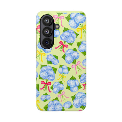Blue Watercolor Hydrangea Bunches with Hot Pink, Yellow, Light Pink Bows Illustrated Patterned Yellow Tough Phone Case | Various Models