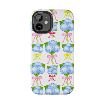 Blue Hydrangeas with Hot Pink, Yellow, Light Pink Bows Watercolor Illustrated Patterned Tough Phone Case | Various Models