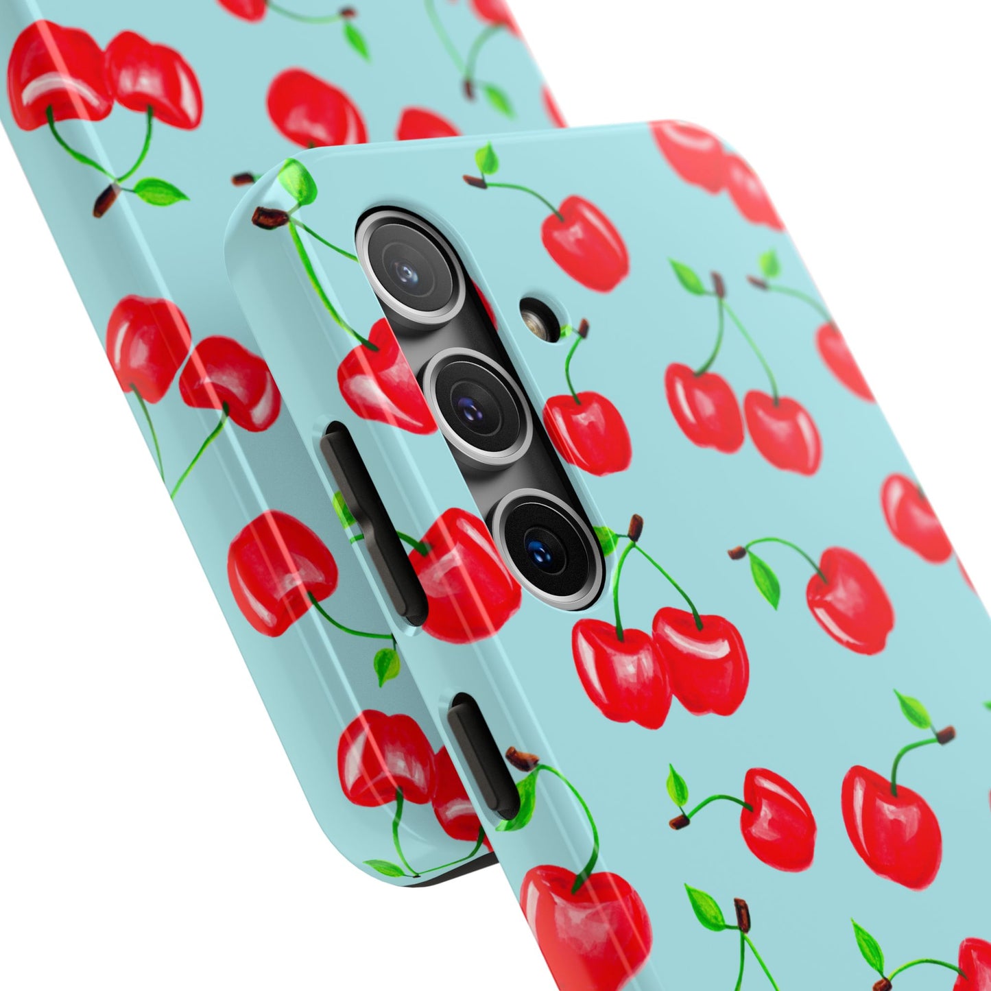 Tossed Red Watercolor Cherries Illustrated Pattern Bright Blue Tough Phone Case | Various Models