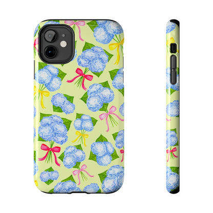 Blue Watercolor Hydrangea Bunches with Hot Pink, Yellow, Light Pink Bows Illustrated Patterned Yellow Tough Phone Case | Various Models