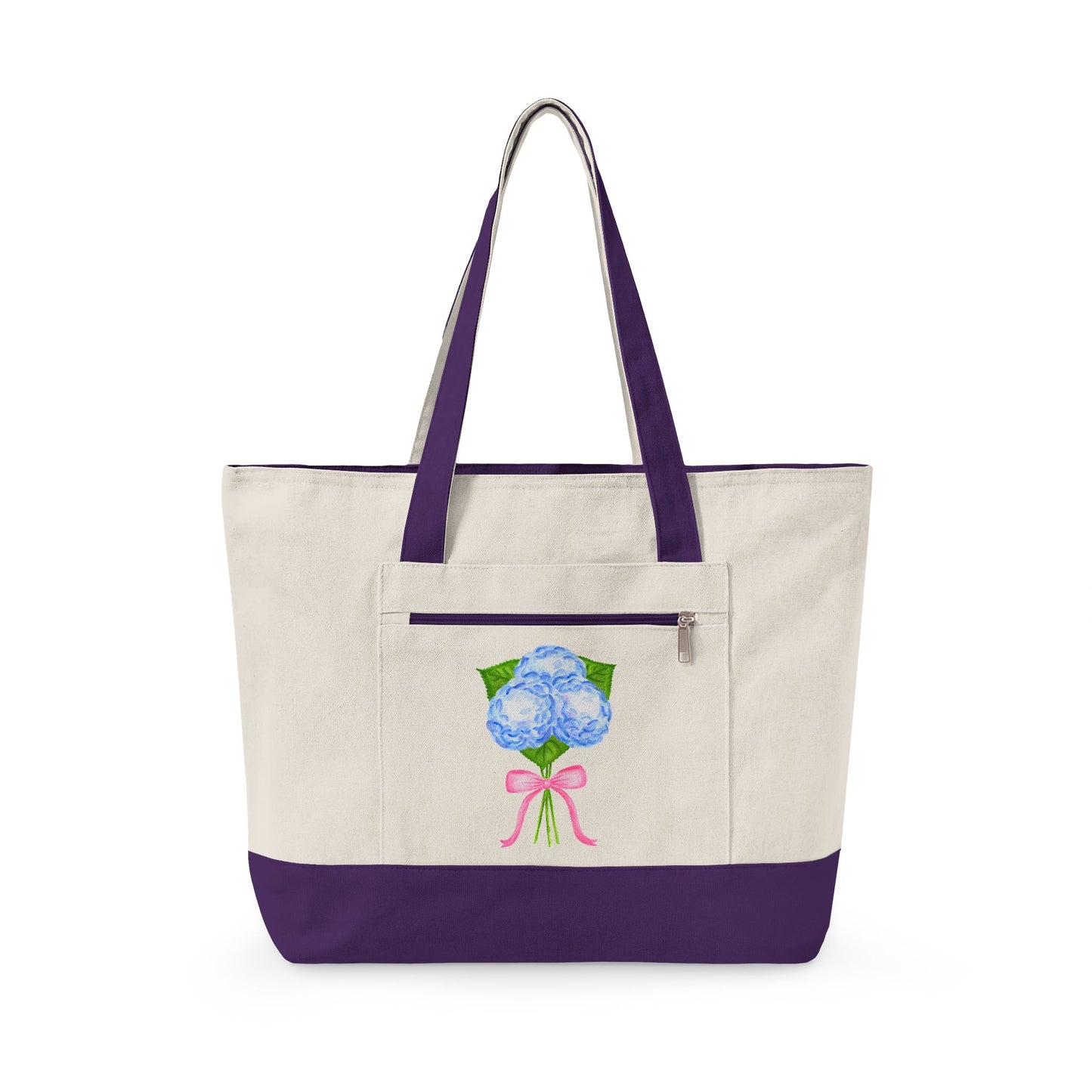 Blue Watercolor Hydrangeas with Light Pink Bow Illustration Printed Zippered Canvas Tote 18" x 14" | Various Colors