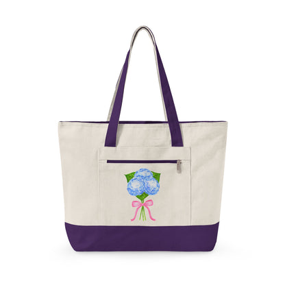 Blue Watercolor Hydrangeas with Light Pink Bow Illustration Printed Zippered Canvas Tote 18" x 14" | Various Colors