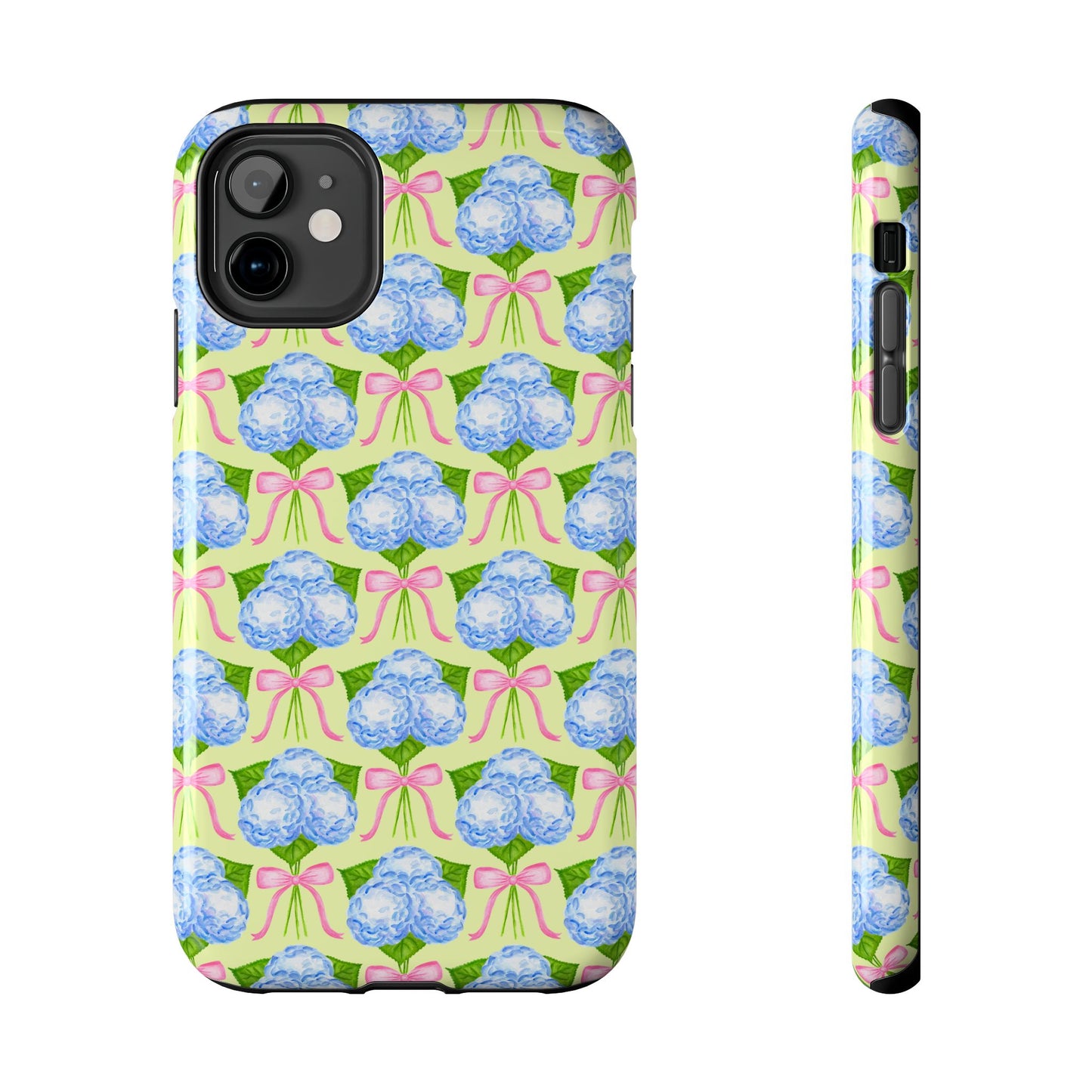 Blue Watercolor Hydrangea Bouquets with Light Pink Bows Watercolor Illustrated Patterned Yellow Tough Phone Case | Various Models