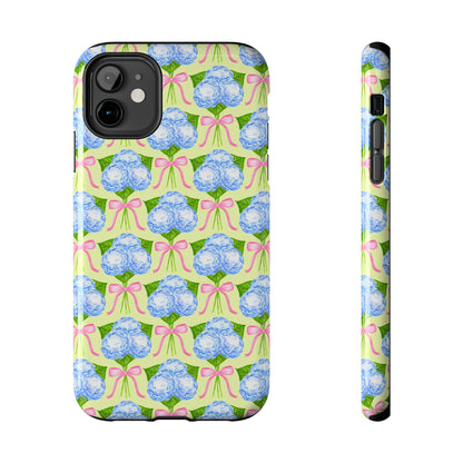 Blue Watercolor Hydrangea Bouquets with Light Pink Bows Watercolor Illustrated Patterned Yellow Tough Phone Case | Various Models