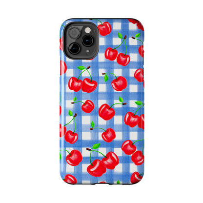 Tossed Red Watercolor Illustrated Cherries Light Blue Gingham Tough Phone Case | Various Models