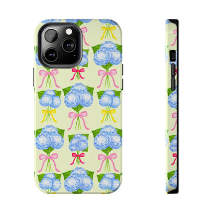 Blue Hydrangeas with Hot Pink, Yellow, Light Pink Bows Watercolor Illustrated Patterned Light Yellow Tough Phone Case | Various Models