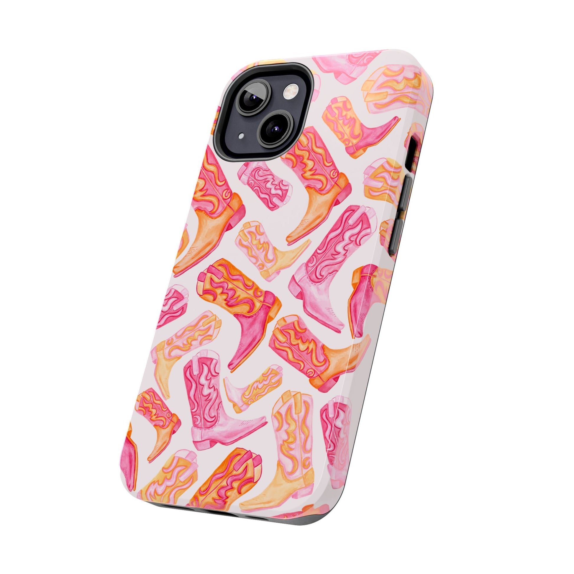 Tossed Hot Pink & Orange Watercolor Cowboy Boots Tough Light Pink Phone Case | Various Models Available