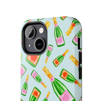 Tossed Pink and Green & Orange and Green Watercolor Illustrated Champagne Bottles Pattern Light Blue Tough Phone Case | Various Models