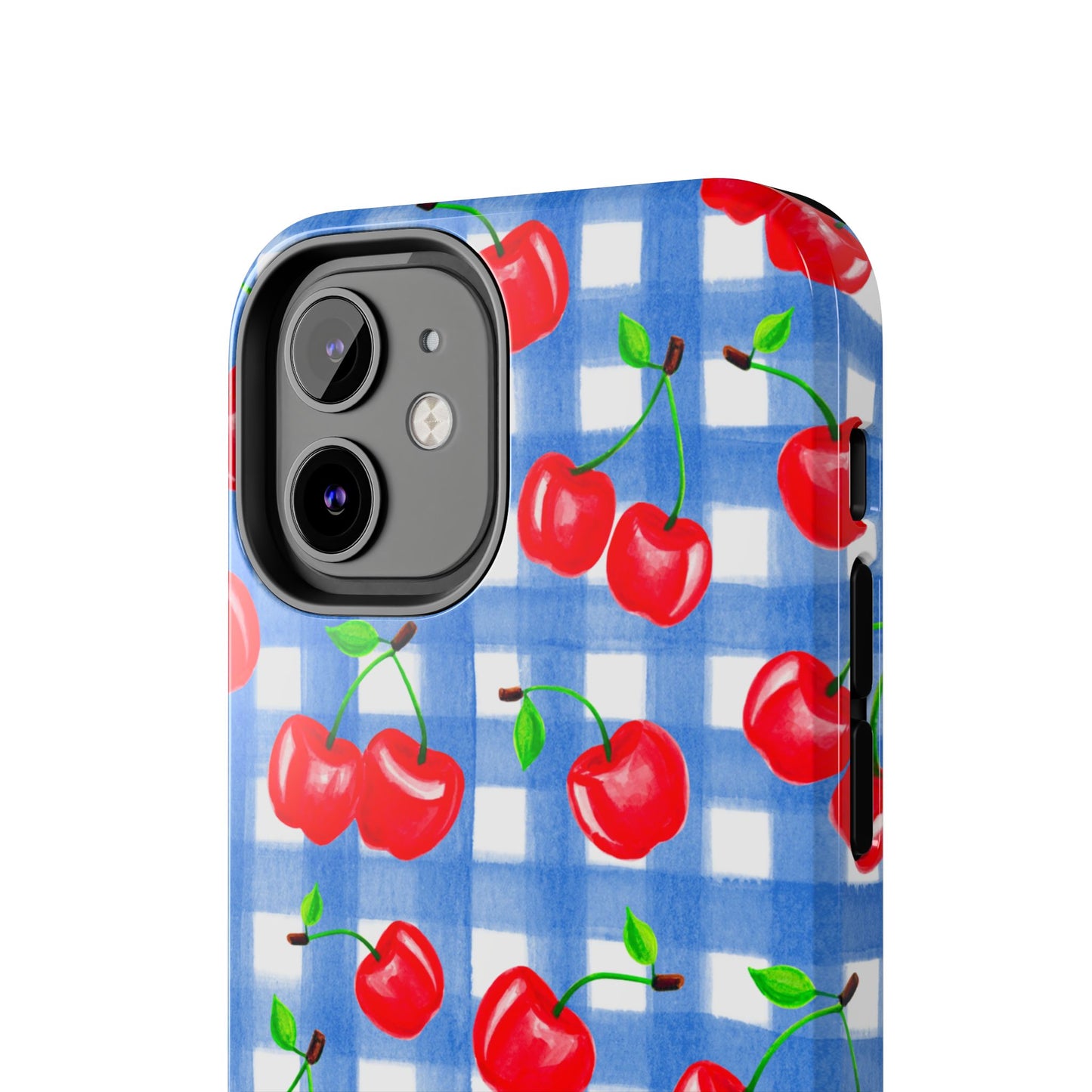 Tossed Red Watercolor Illustrated Cherries Light Blue Gingham Tough Phone Case | Various Models