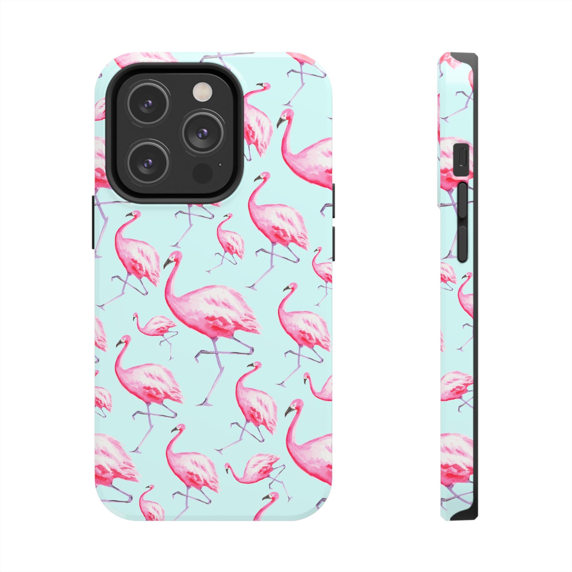 Pink Flamingos Watercolor Illustrated Tossed Pattern Blue Phone Case | Various Models iPhone 14 Pro