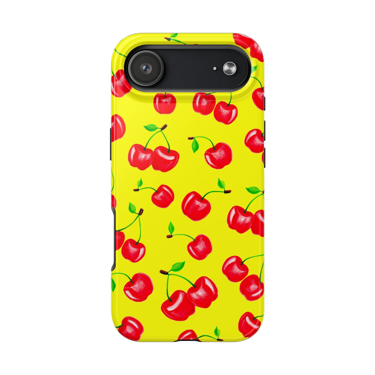 Tossed Red Watercolor Cherries Illustrated Pattern Bright Yellow Tough Phone Case | Various Models