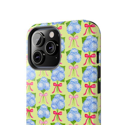 Watercolor Blue Hydrangea Bouquets with Hot Pink and Light Pink Bow Ribbons Illustrated Pattern Yellow Tough Phone Case | Various Models
