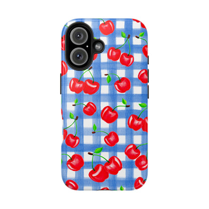 Tossed Red Watercolor Illustrated Cherries Light Blue Gingham Tough Phone Case | Various Models