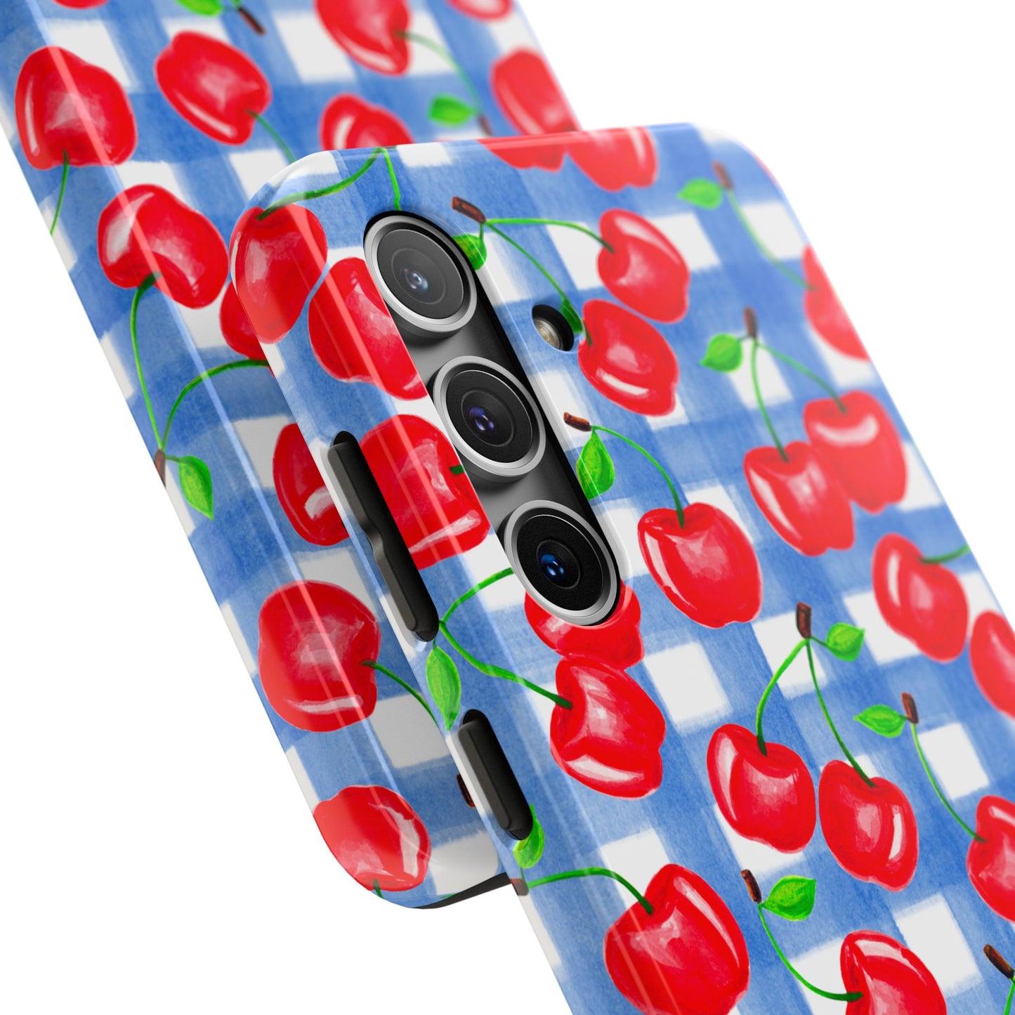 Tossed Red Cherries Blue Gingham Checkered Watercolor Illustrated Tough Phone Case | Various Models