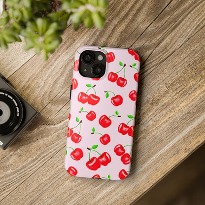 Tossed Red Watercolor Cherries Illustrated Pattern Light Pink Tough Phone Case | Various Models