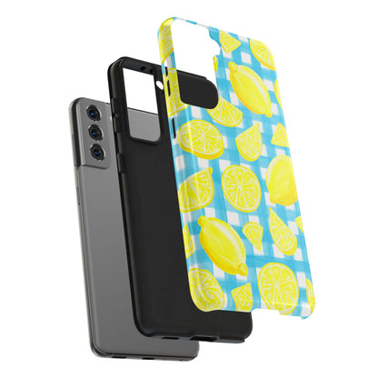 Bright Yellow Lemons Watercolor Illustrated Tossed Pattern Turquoise Gingham Tough Phone Case | Various Models