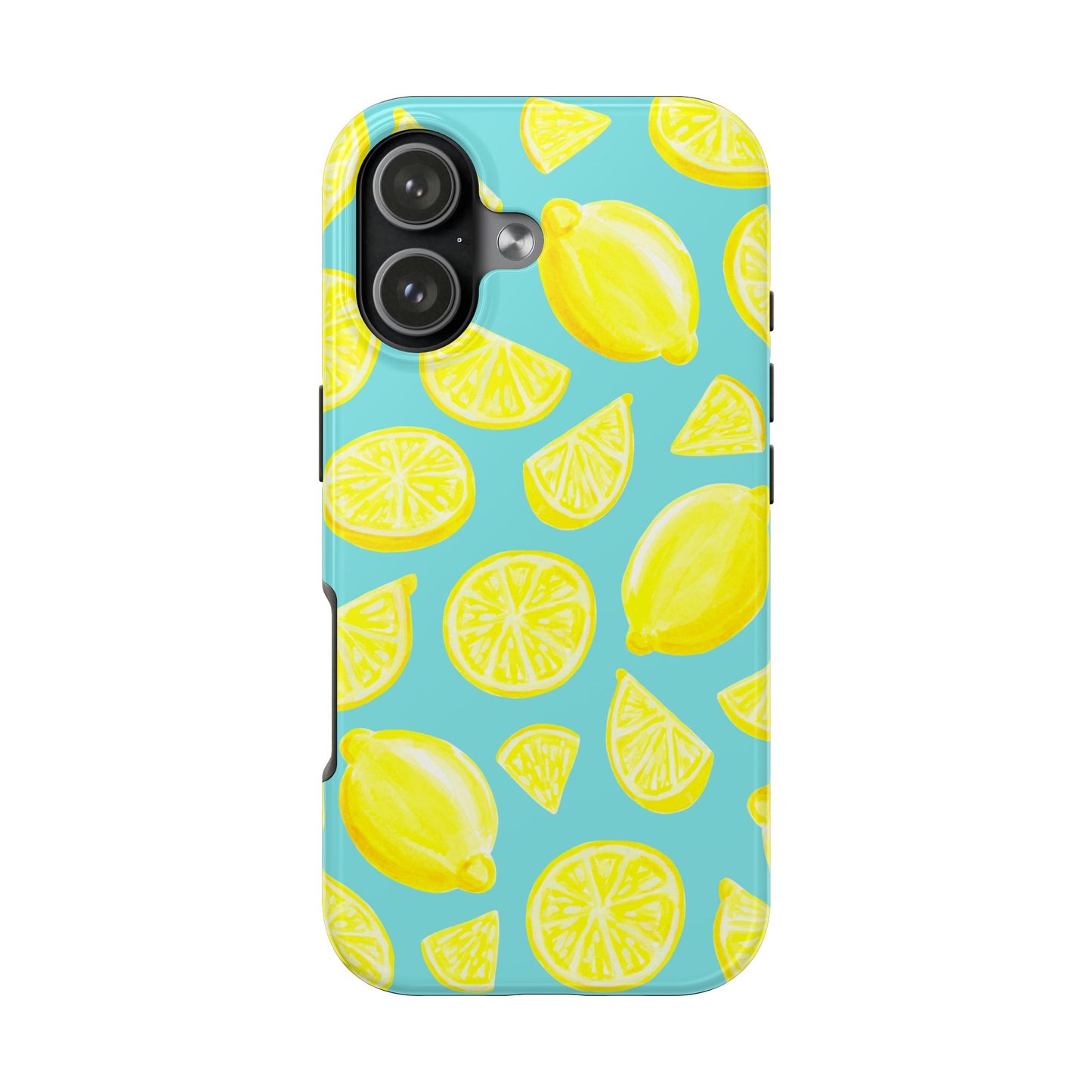 Bright Yellow Lemons Watercolor Illustrated Tossed Pattern Turquoise Blue Tough Phone Case | Various Models